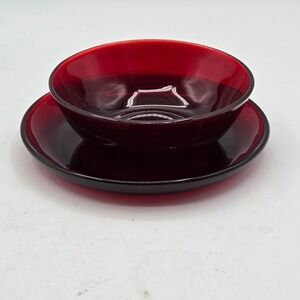 Ruby Red Glass Bowl With Saucer for Cereal Soup or Dessert Arcoroc France Lumina